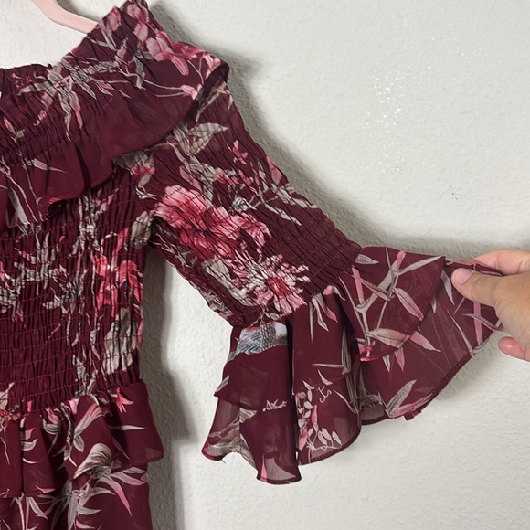 MISA Los Angeles Rima Mini Dress in Floral Burgundy Off the Shoulder Ruffle sz M - Picture 7 of 13